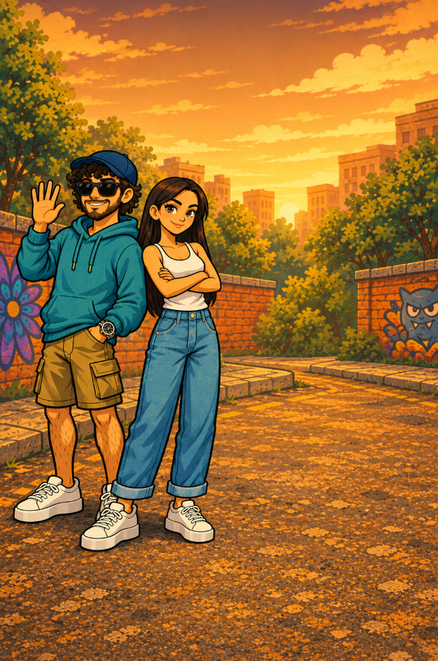 Fox y Rox juntos en una plaza urbana con grafitis al atardecer